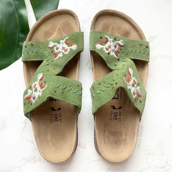 Birkenstock Shoes - Betula Birkenstock Zara Embroidery Green Suede Slide Sandals 37